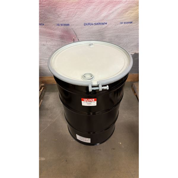 NEW ULINE 55 GAL OPEN TOP STEEL DRUM BARREL WITH LID - BLACK