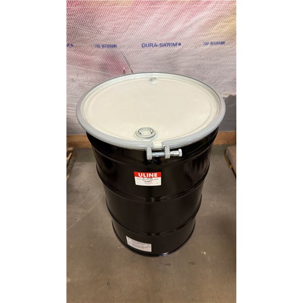 NEW ULINE 55 GAL OPEN TOP STEEL DRUM BARREL WITH LID - BLACK