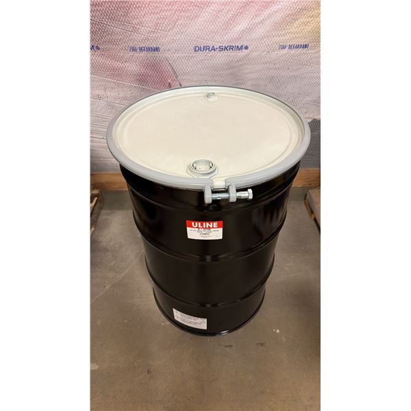 NEW ULINE 55 GAL OPEN TOP STEEL DRUM BARREL WITH LID - BLACK