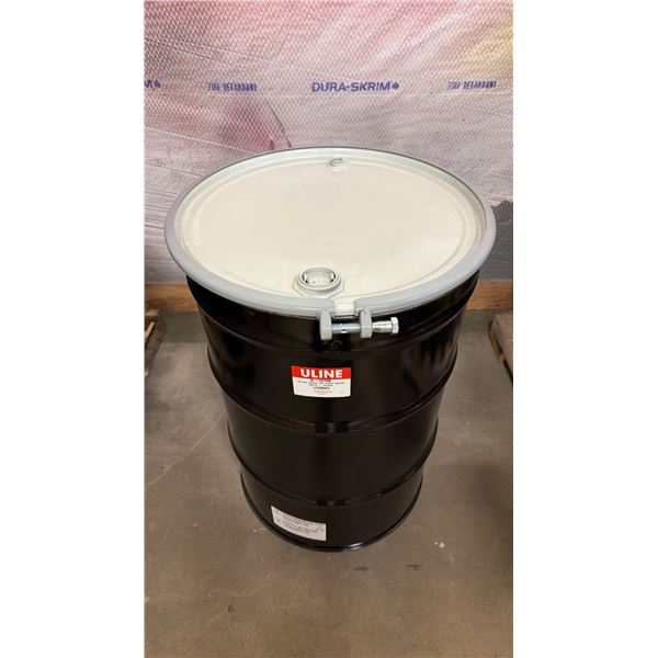 NEW ULINE 55 GAL OPEN TOP STEEL DRUM BARREL WITH LID - BLACK