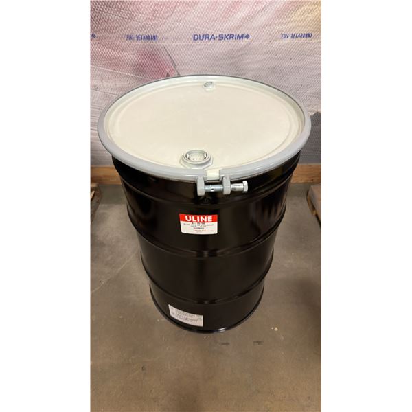 NEW ULINE 55 GAL OPEN TOP STEEL DRUM BARREL WITH LID - BLACK