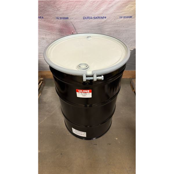 NEW ULINE 55 GAL OPEN TOP STEEL DRUM BARREL WITH LID - BLACK