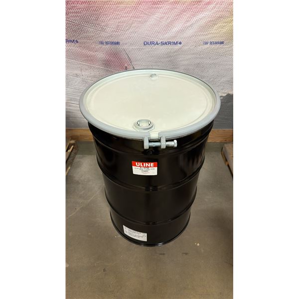 NEW ULINE 55 GAL OPEN TOP STEEL DRUM BARREL WITH LID - BLACK