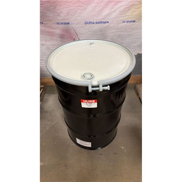 NEW ULINE 55 GAL OPEN TOP STEEL DRUM BARREL WITH LID - BLACK