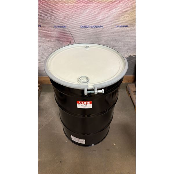 NEW ULINE 55 GAL OPEN TOP STEEL DRUM BARREL WITH LID - BLACK