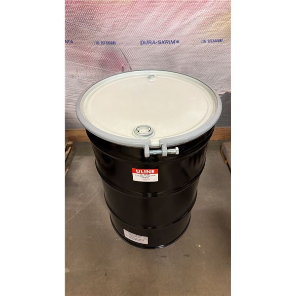 NEW ULINE 55 GAL OPEN TOP STEEL DRUM BARREL WITH LID - BLACK