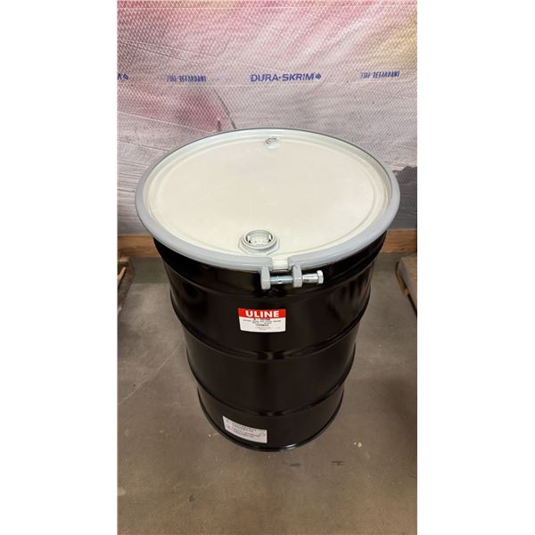NEW ULINE 55 GAL OPEN TOP STEEL DRUM BARREL WITH LID - BLACK