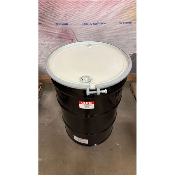 NEW ULINE 55 GAL OPEN TOP STEEL DRUM BARREL WITH LID - BLACK
