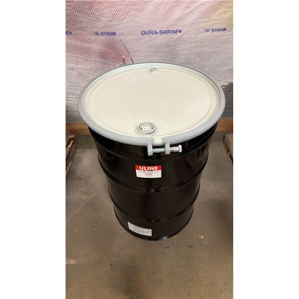 NEW ULINE 55 GAL OPEN TOP STEEL DRUM BARREL WITH LID - BLACK