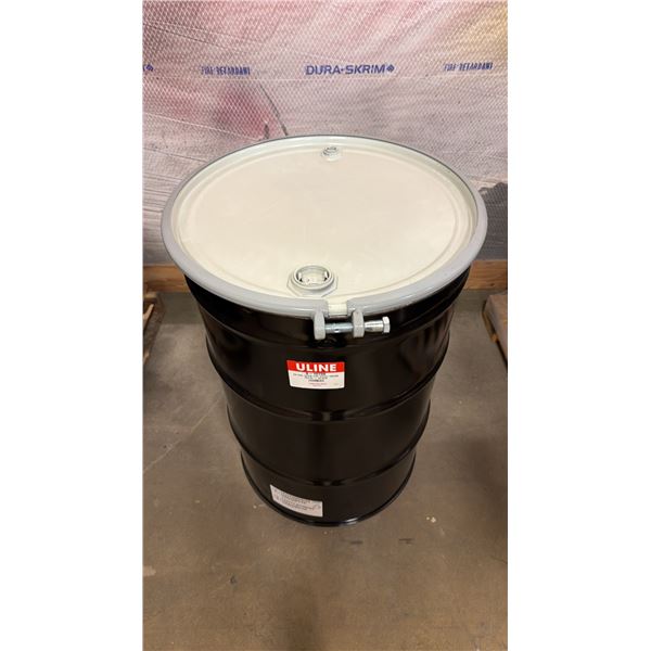 NEW ULINE 55 GAL OPEN TOP STEEL DRUM BARREL WITH LID - BLACK