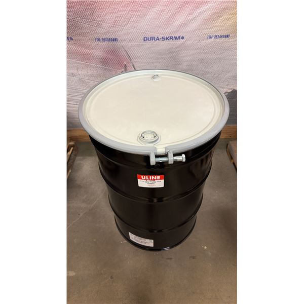 NEW ULINE 55 GAL OPEN TOP STEEL DRUM BARREL WITH LID - BLACK