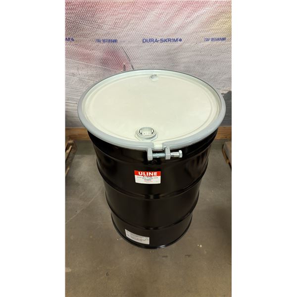 NEW ULINE 55 GAL OPEN TOP STEEL DRUM BARREL WITH LID - BLACK