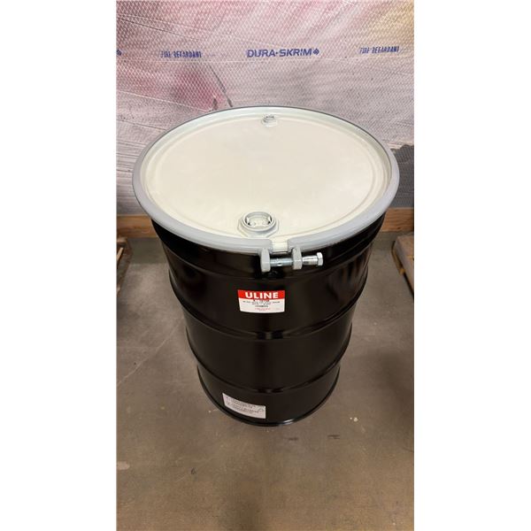 NEW ULINE 55 GAL OPEN TOP STEEL DRUM BARREL WITH LID - BLACK