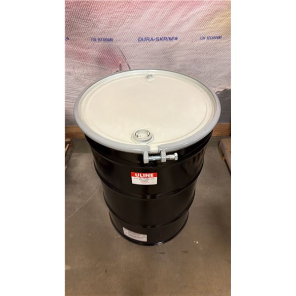 NEW ULINE 55 GAL OPEN TOP STEEL DRUM BARREL WITH LID - BLACK
