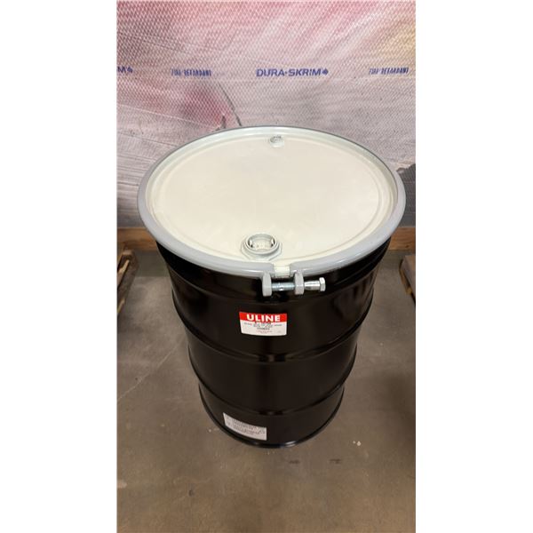 NEW ULINE 55 GAL OPEN TOP STEEL DRUM BARREL WITH LID - BLACK