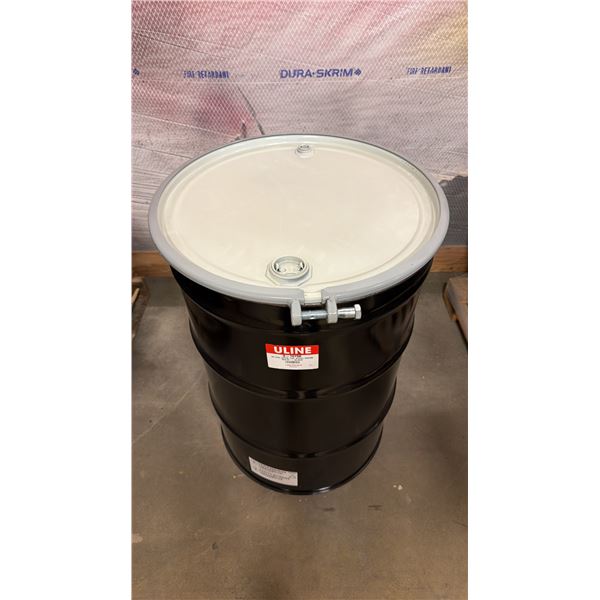 NEW ULINE 55 GAL OPEN TOP STEEL DRUM BARREL WITH LID - BLACK