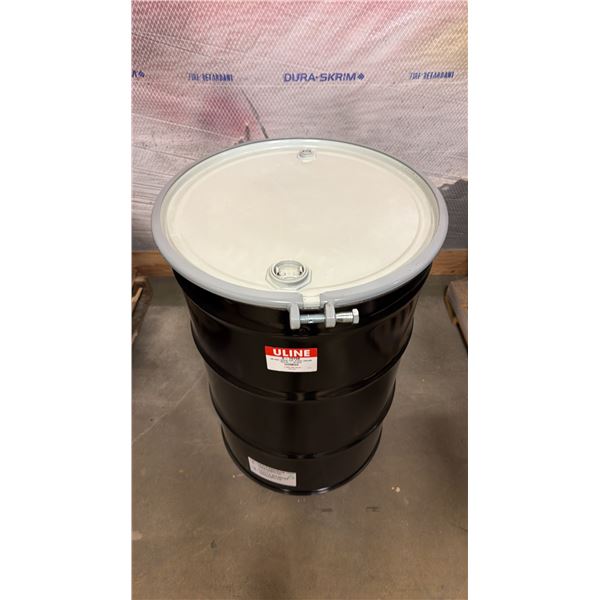 NEW ULINE 55 GAL OPEN TOP STEEL DRUM BARREL WITH LID - BLACK