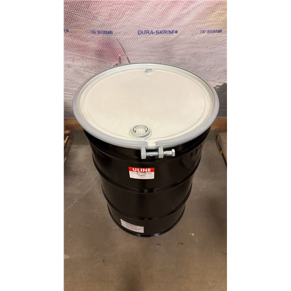 NEW ULINE 55 GAL OPEN TOP STEEL DRUM BARREL WITH LID - BLACK