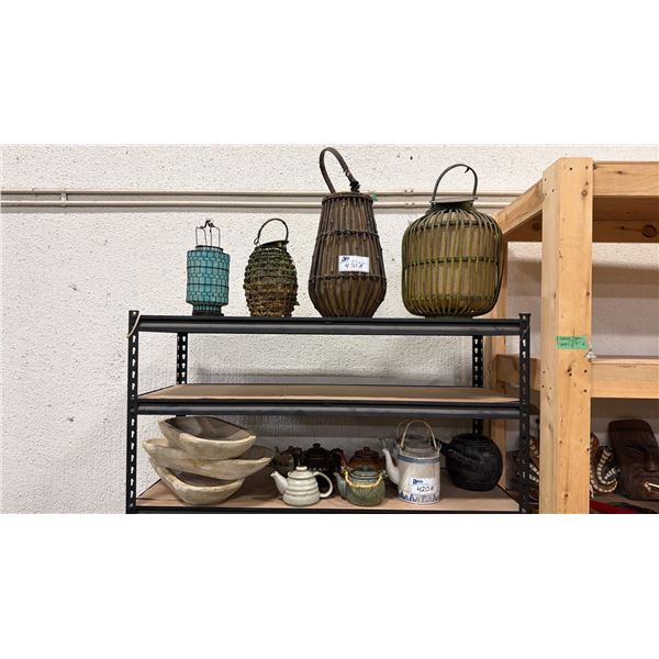 ASSORTED VINTAGE TEAPOTS, PRIMITIVE DOUGH BOWLS & 4 ASSORTED DECORATIVE LANTERNS