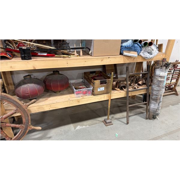 SHELF OF ASSORTED SET DEC ITEMS INCLUDING VINTAGE BELLS, DECORATIVE SMALL LADDER, CHINESE LANTERNS,