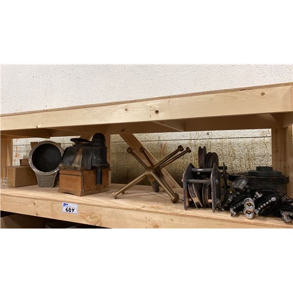 SHELF OF SHOW PROPS AND ASSORTED ITEMS