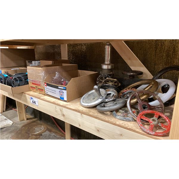 SHELF OF ASSORTED HARDWARE AND SHUT OFF HANDLES