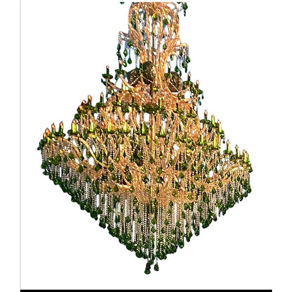 MASSIVE CHANDELIER IN CRATE COLORED GREEN AS PER PICTURES - METAL, GLASS & CRYSTAL 77"D X 124"H