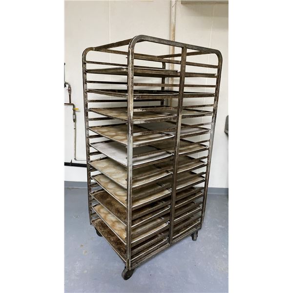 40 TRAY ALUMINUM MOBILE COMMERCIAL BAKERS RACK WITH 20 ALUMINUM COMMERCIAL BAKING TRAYS