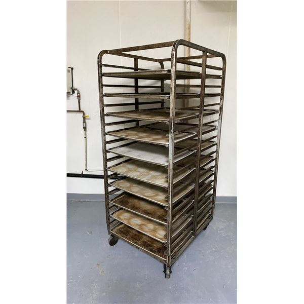 40 TRAY ALUMINUM MOBILE COMMERCIAL BAKERS RACK WITH 20 ALUMINUM COMMERCIAL BAKING TRAYS