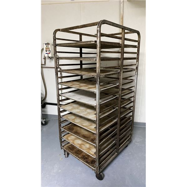 40 TRAY ALUMINUM MOBILE COMMERCIAL BAKERS RACK WITH 20 ALUMINUM COMMERCIAL BAKING TRAYS
