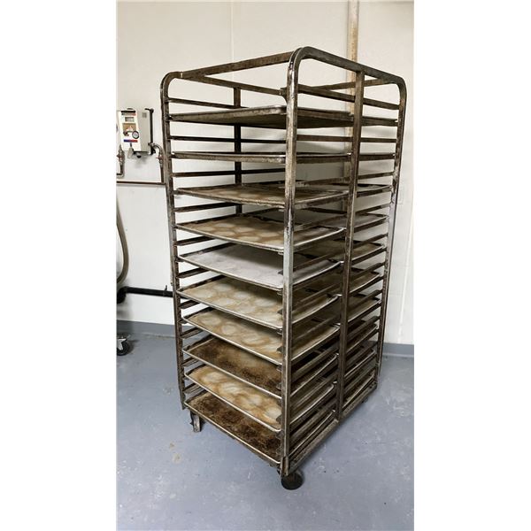 40 TRAY ALUMINUM MOBILE COMMERCIAL BAKERS RACK WITH 20 ALUMINUM COMMERCIAL BAKING TRAYS
