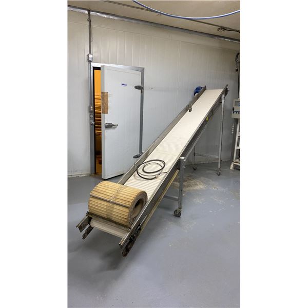 STAINLESS STEEL 18"W X 160"L X 76"H COMMERCIAL MOBILE POWERED FEEDER CONVEYOR SYSTEM WITH SECOND