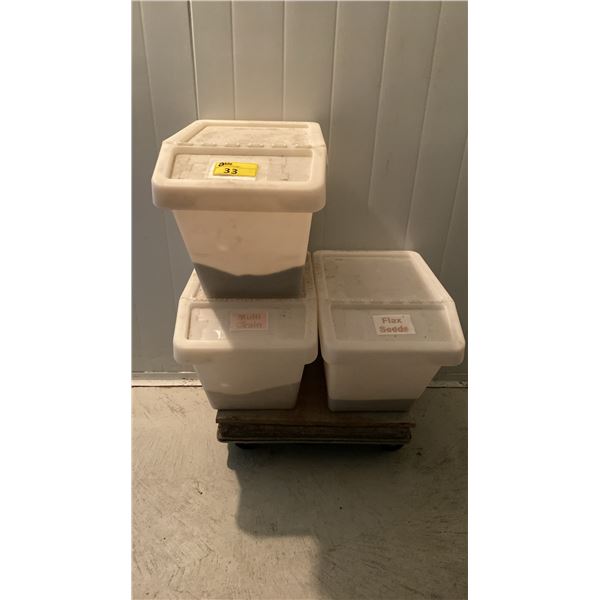 3 PLASTIC COMMERCIAL STORAGE CONTAINERS WITH LIDS ON MOBILE CART *MOBILE CART INCLUDED*