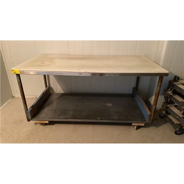 STAINLESS STEEL 2 TIER 71 1/2"W X 36"D X 36"H COMMERCIAL MOBILE WORK TABLE WITH PLASTIC CUTTING