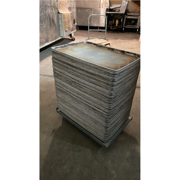 STACK OF APPROXIMATELY 80 COMMERCIAL ALUMINUM BAKING SHEETS MOBILE CART *CART INCLUDED*