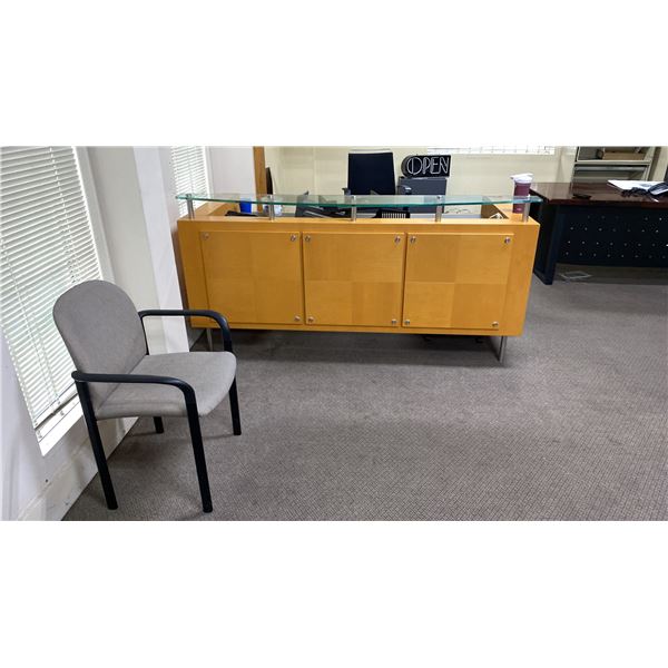 CONTENTS OF FRONT OFFICE AREA INCLUDING DESKS, CHAIRS, OPEN SIGN, FILE CABINET, & RECEPTION