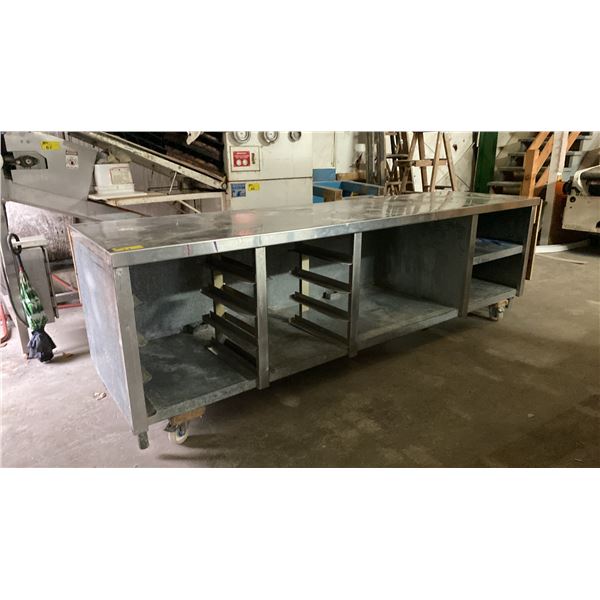 STAINLESS STEEL 115"W X 31"D X 36"H COMMERCIAL MOBILE TRAY STORAGE WORK TABLE