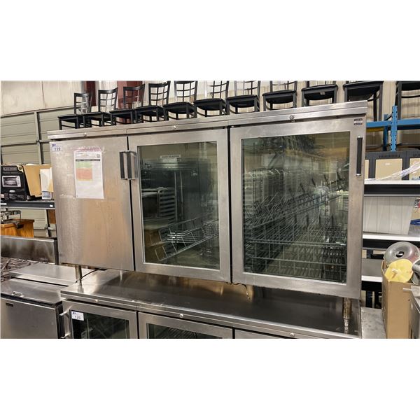 STAINLESS STEEL COMMERCIAL 3 DOOR GLASS FRONT BACK BAR WITH RACKS APPROX 72"W X 25"D X 41"H