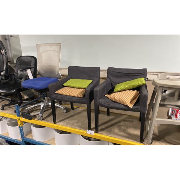 2 PADDED ARM CHAIRS & 2 MOBILE OFFICE CHAIR