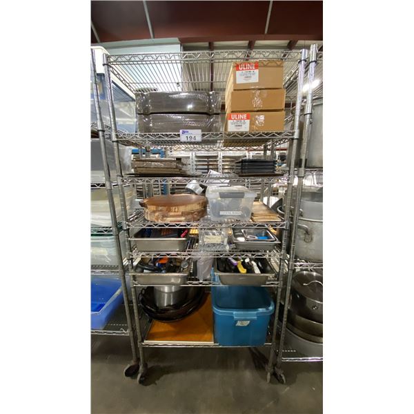 7 TIER 36"W X 18"D X 76"H MOBILE COMMERCIAL METRO STYLE RACKING SYSTEM WITH KNIVES, WOKS, CUTLERY,