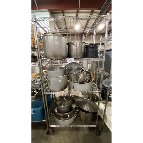 4 TIER 36"W X 18"D X 76"H MOBILE COMMERCIAL METRO STYLE RACKING SYSTEM WITH ASSORTED COOKING POTS