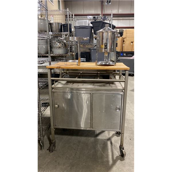 BUTCHER BLOCK TOP MOBILE HOT BEVERAGE CART APPROX 30"L X 18"D X 35.5"H WITH 2 ROUND STAINLESS STEEL