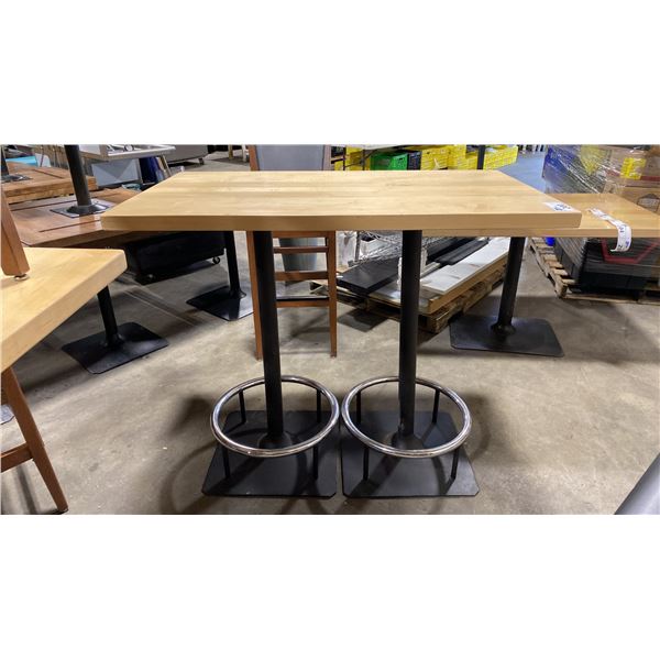 NATURAL WOOD TOP DOUBLE PEDESTAL BAR HEIGHT RESTAURANT TABLE APPROX 48"L X 28"W X 42.5"H