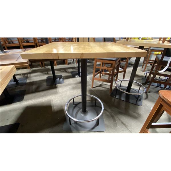 NATURAL WOOD TOP SINGLE PEDESTAL BAR HEIGHT 34" SQUARE RESTAURANT TABLE 42.5"H