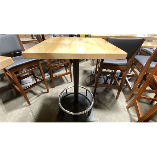 NATURAL WOOD TOP SINGLE PEDESTAL BAR HEIGHT 28" SQUARE RESTAURANT TABLE 42.5"H