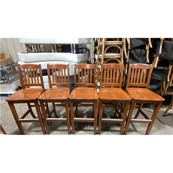 5 DARK WOOD SLAT BACK COMMERCIAL BAR CHAIRS APPROX 30"H