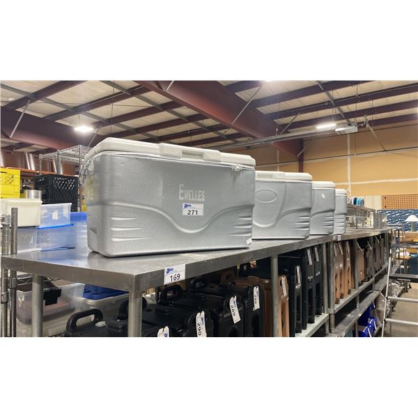 4 GREY COLEMAN TRANSPORT COOLERS