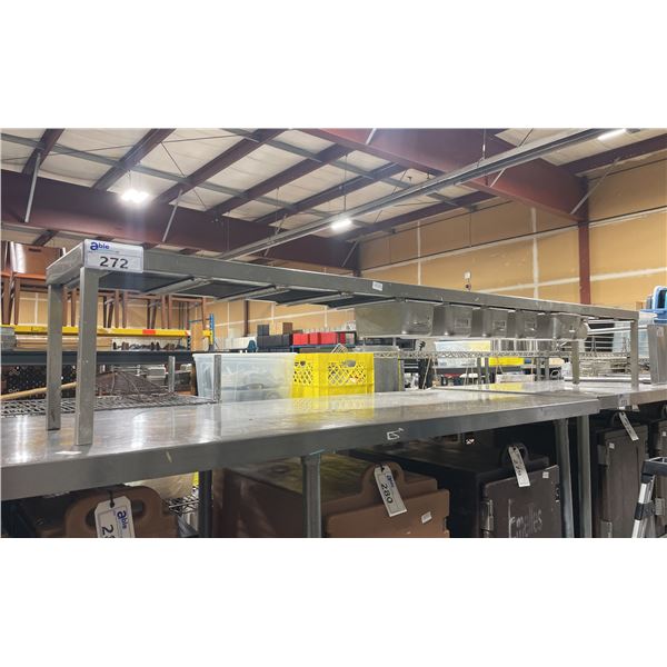 STAINLESS STEEL OVER COUNTER 8' COMMERCIAL RESTAURANT PREPARATION SHELF WITH SOME MISSING BINS