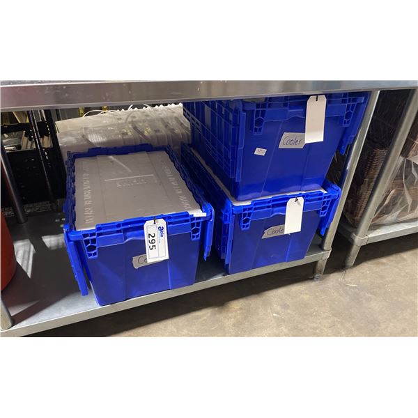 3 ULINE STYROFOAM COOLERS IN BLUE PLASTIC FOLDING TOP BINS *BINS INCLUDED*