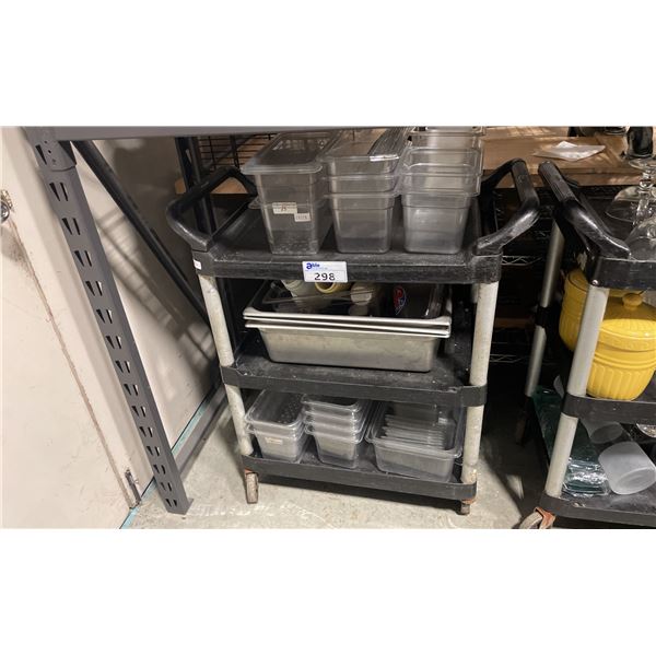 RUBBERMAID 3 TIER MOBILE UTILITY CART WITH ASSORTED STAINLESS STEEL & PLASTIC INSERTS